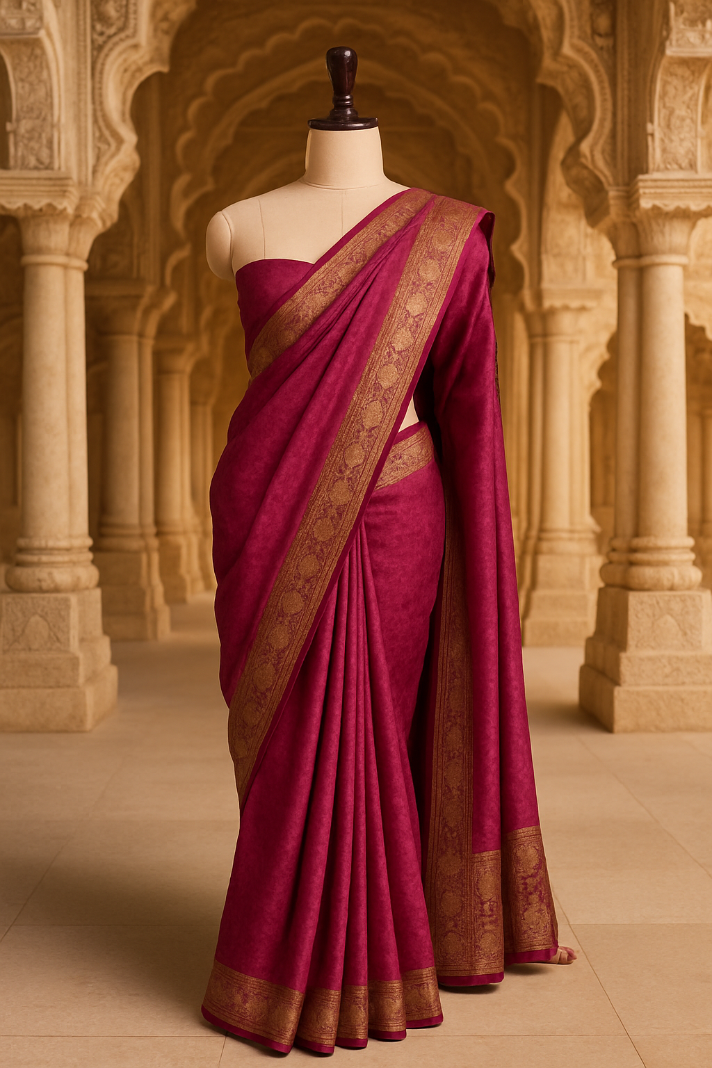 Deep Magenta Saree with Antique Gold Woven Border