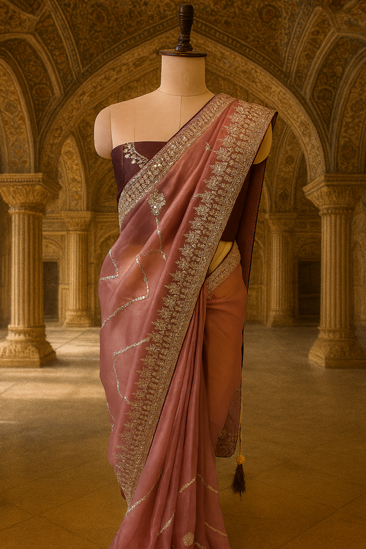 Rose Gold Embroidered Net Saree