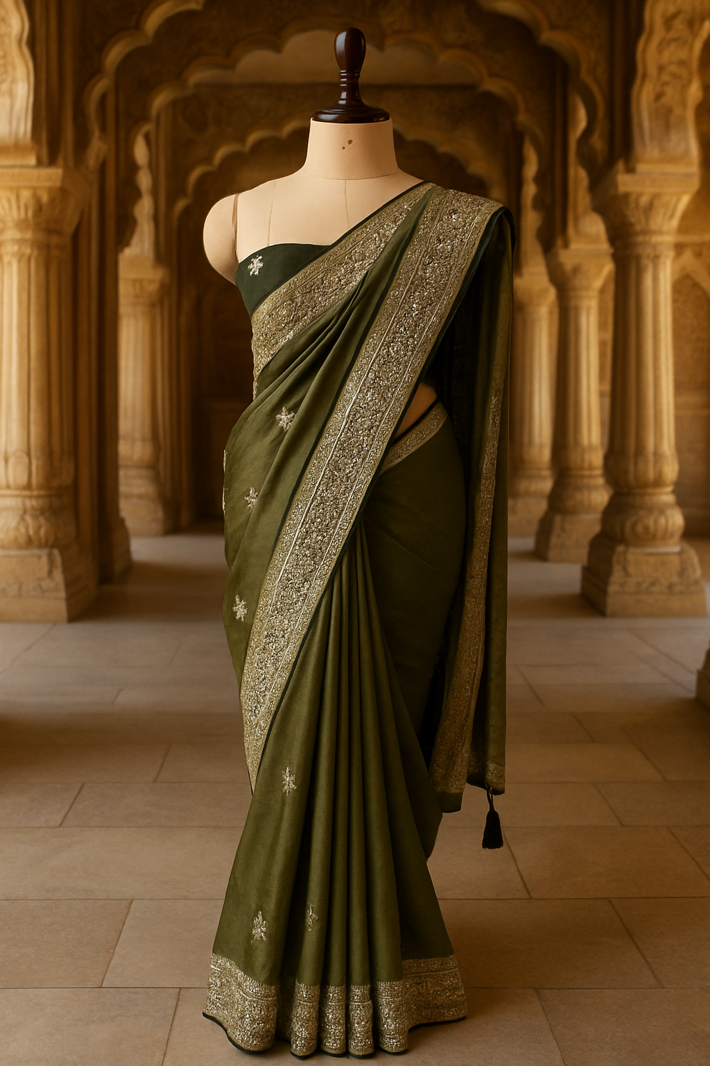 Olive Green Saree with Antique Gold Embroidery
