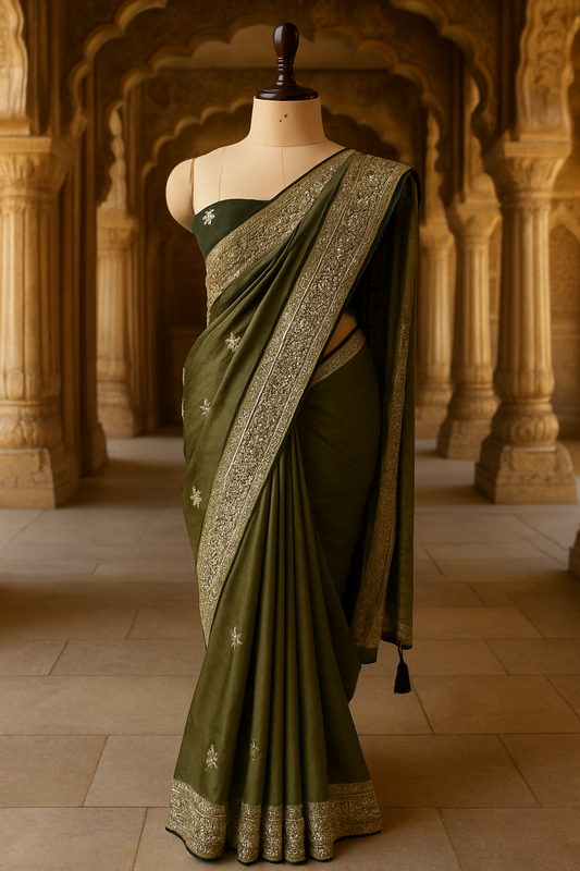 Olive Green Saree with Antique Gold Embroidery