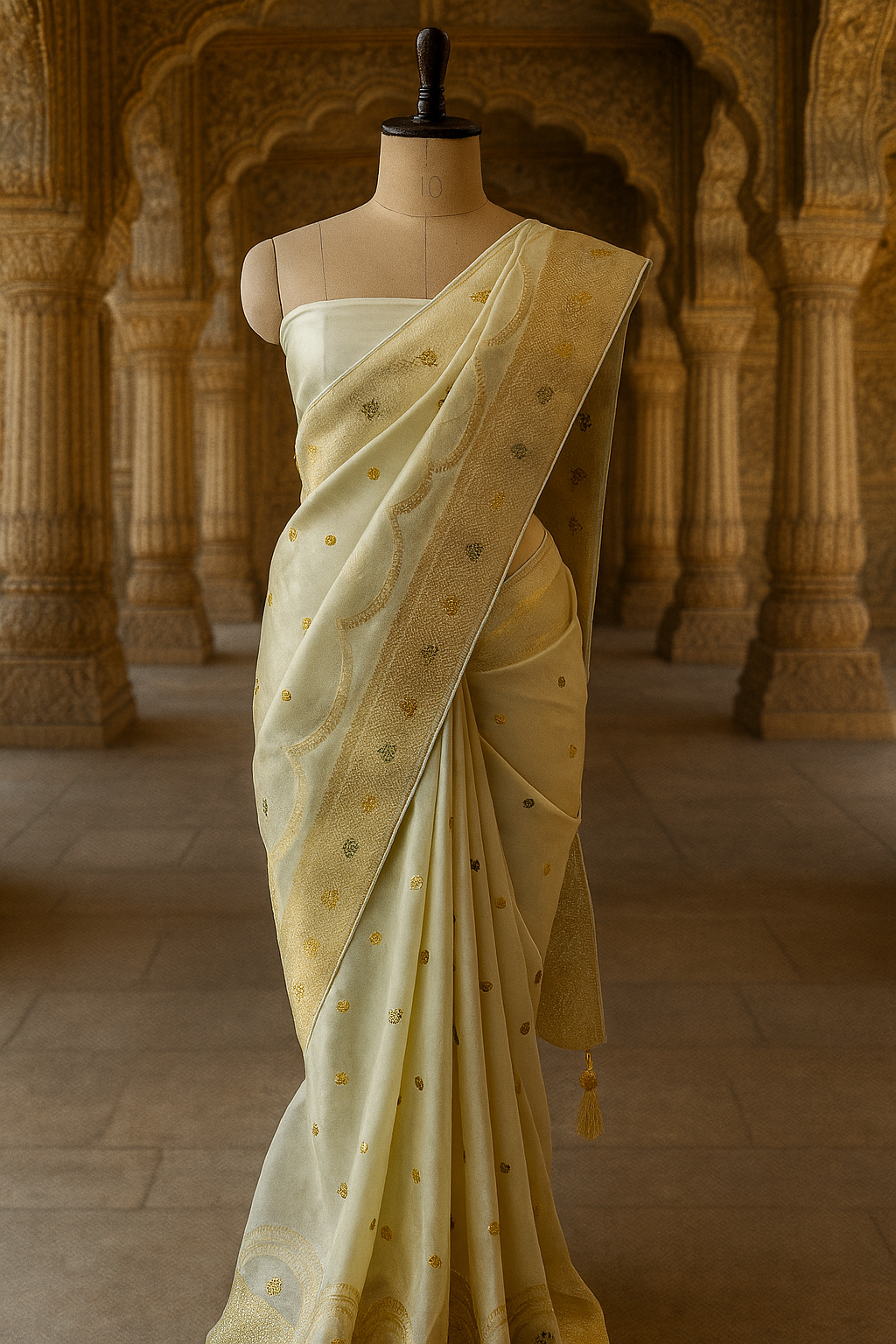 Ivory Saree with Subtle Golden Motifs and Scalloped Border