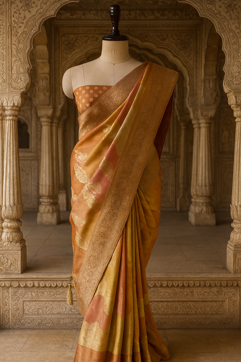 Burnt Orange and Mustard Banarasi Saree