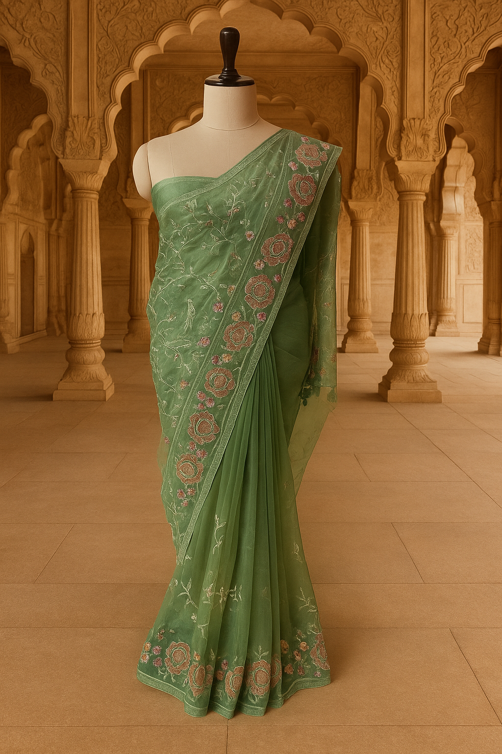 Pastel Green Floral Embroidered Saree