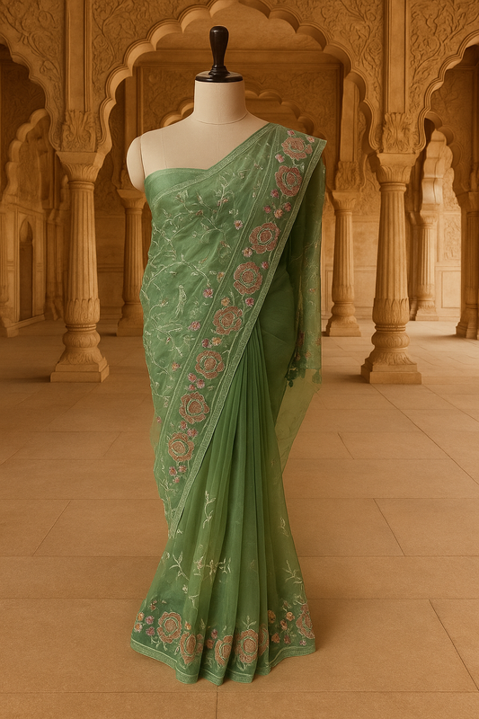 Pastel Green Floral Embroidered Saree