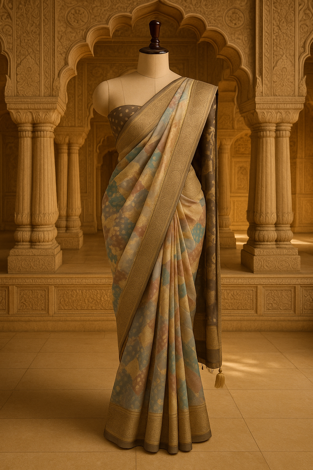 Multicolor Cloud Print Silk Saree with Antique Gold Border