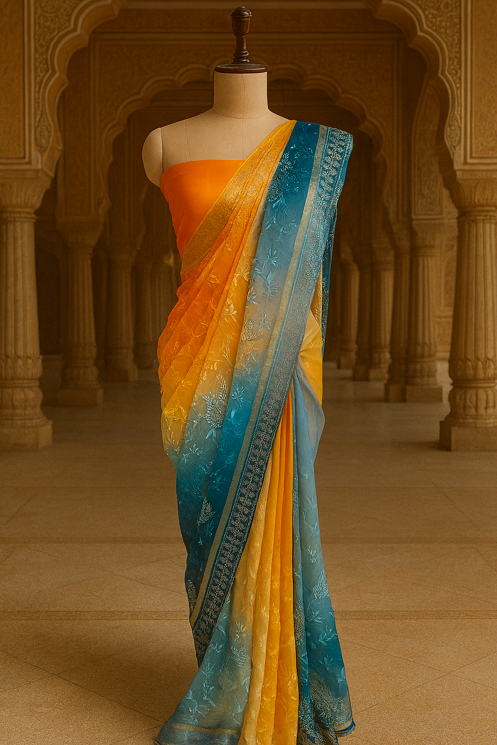 Sunset Yellow and Teal Blue Ombre Saree