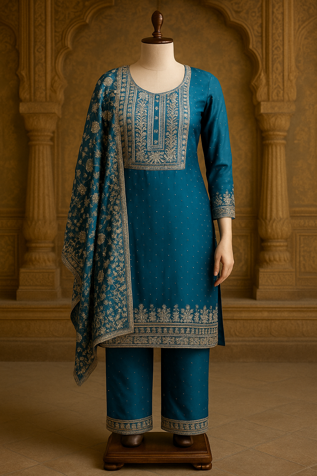 Teal Blue Silk Georgette Kurti Set with Pant & Dupatta