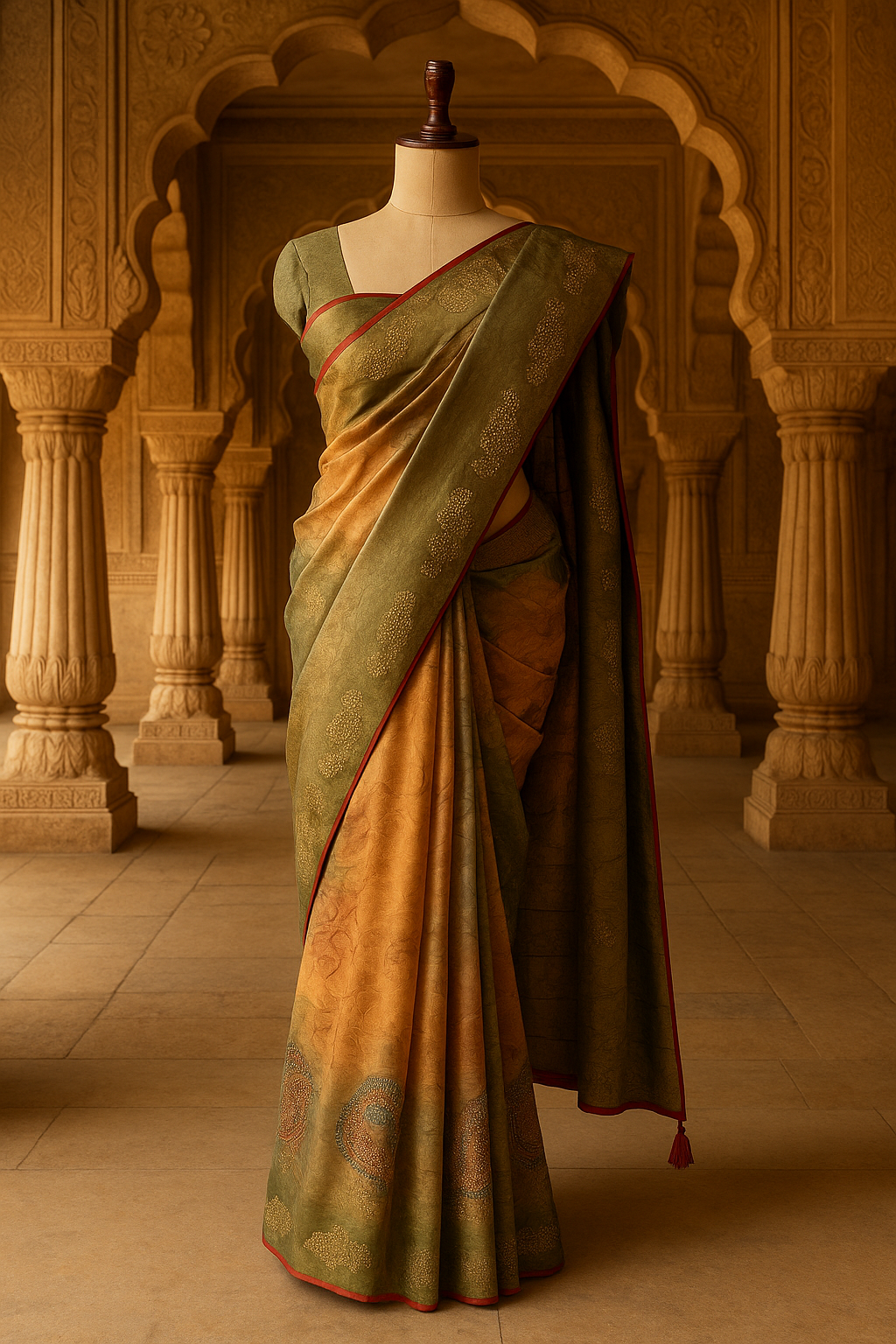 Olive and Ochre Handwoven Banarasi Silk Saree