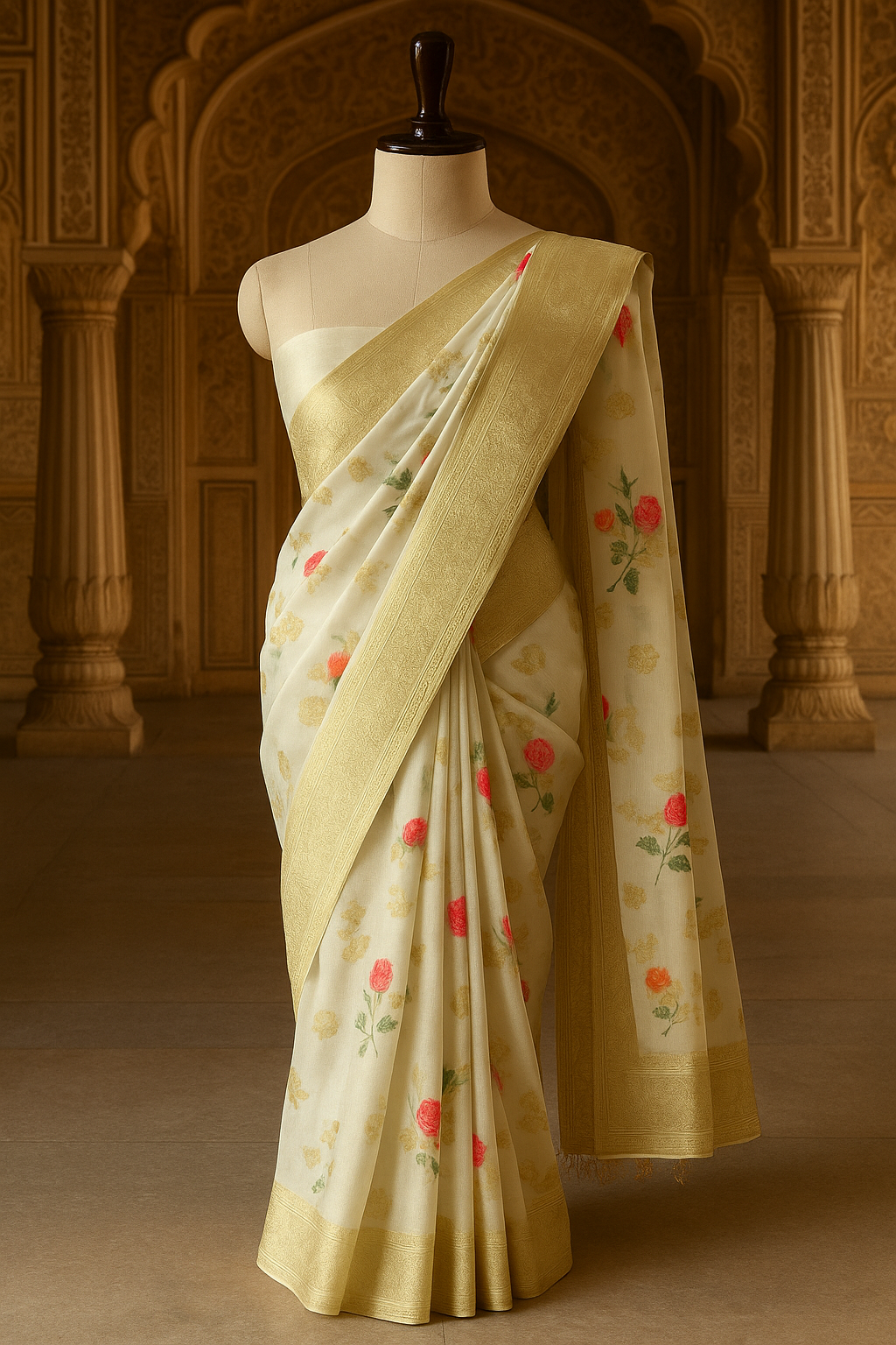 Ivory Banarasi Organza Saree