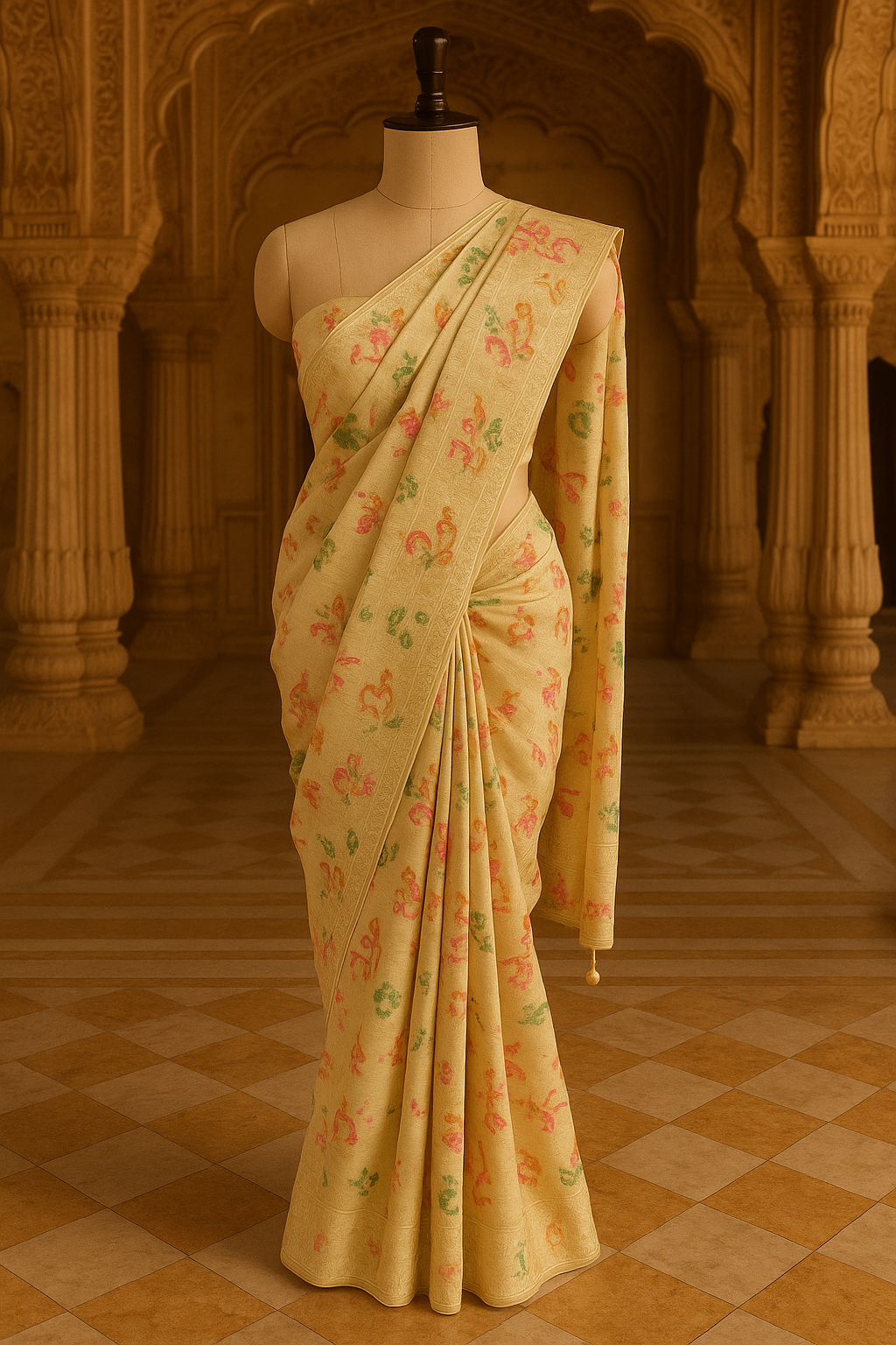 Pastel Yellow Banarasi Saree with Multicolor Floral