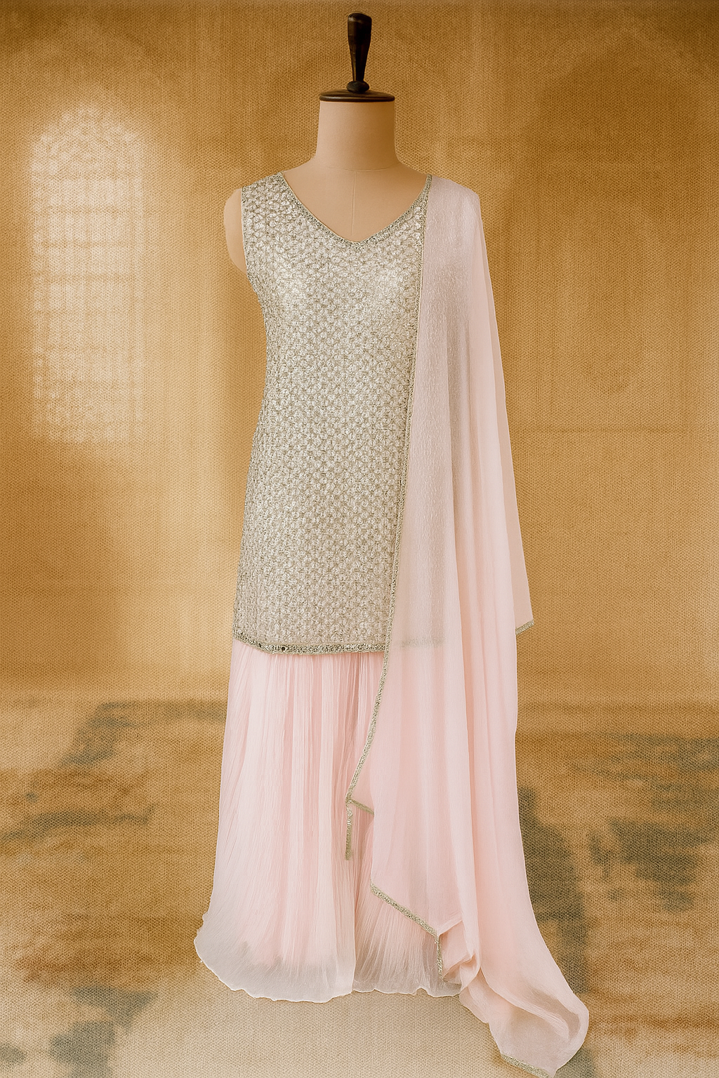 Pink Georgette Kurti with Gharara & Dupatta