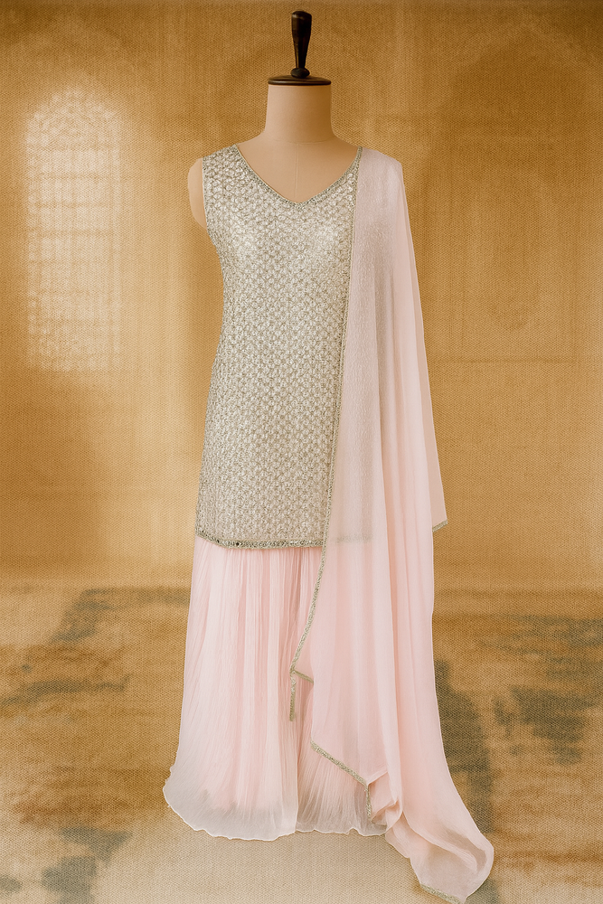 Baby Pink Georgette Kurti with Gharara & Dupatta