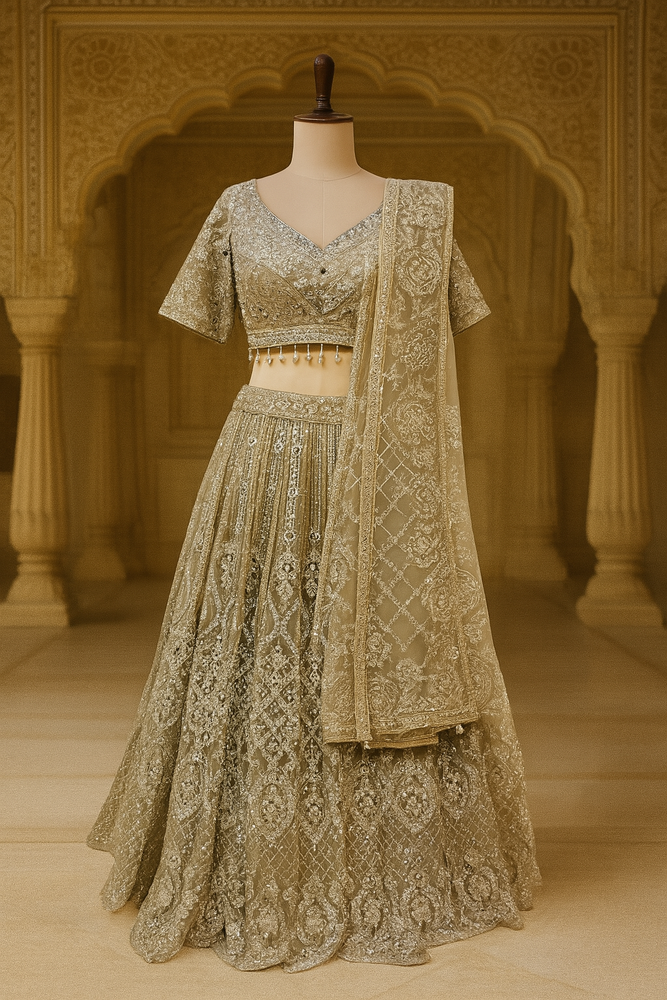 Beige Net Crop Top Lehenga