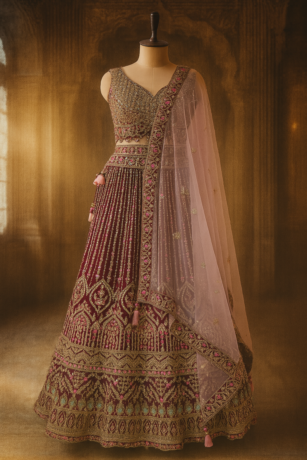 Wine Zari Sequin Crop Top Lehenga
