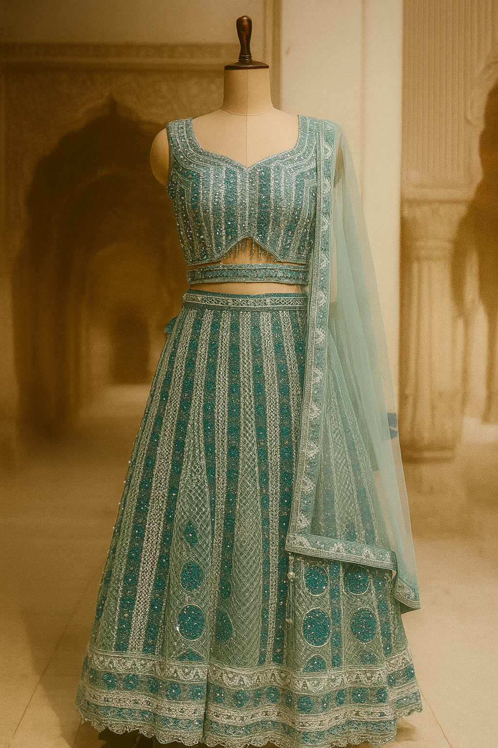 Sea Green Embroidered Net Crop Top Lehenga