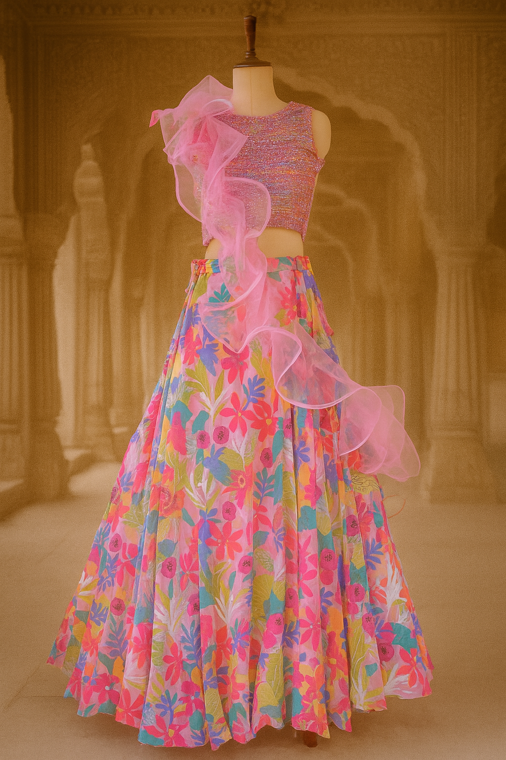 Pink Multi-Color Crop Top Lehenga Set