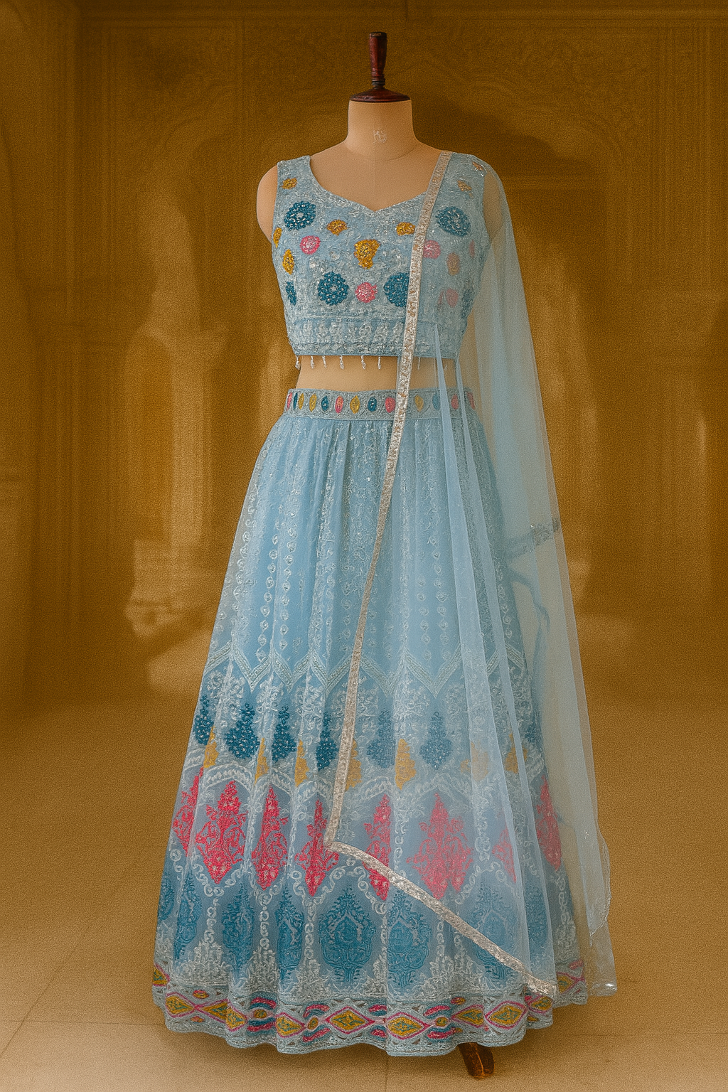 Blue Embroidered Net Crop Top Lehenga
