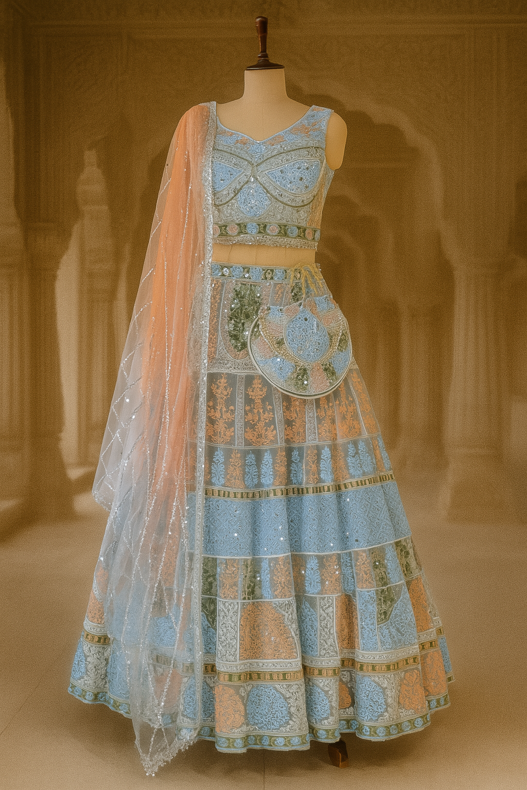 Multi-Color Net Crop Top Lehenga