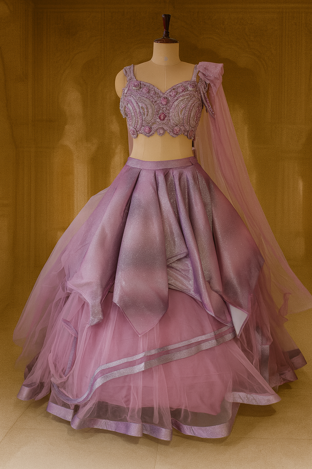 Lavender Net & Shimmer Lycra Crop Top Lehenga Set