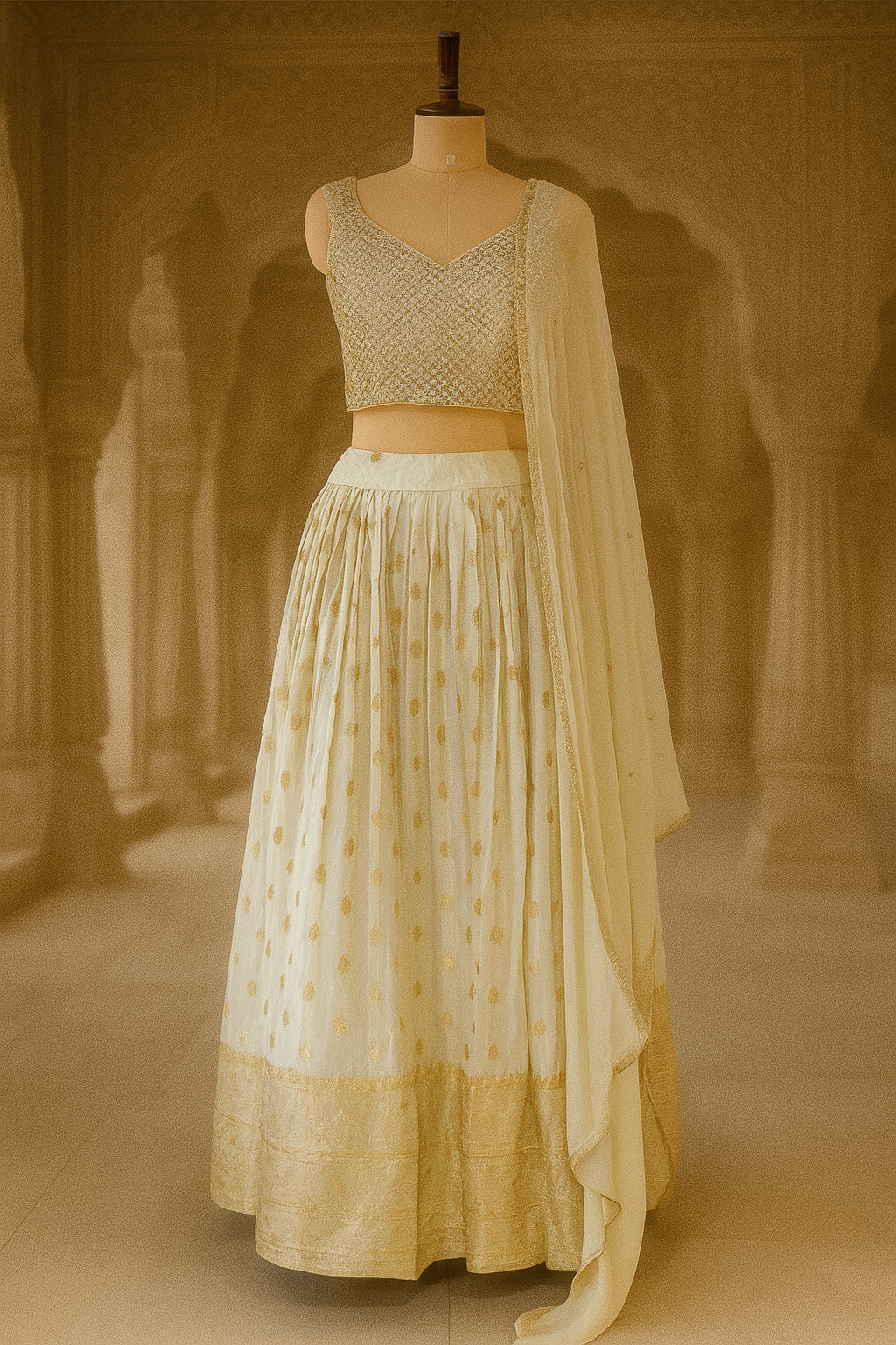 Cream Chanderi Silk Crop Top Lehenga