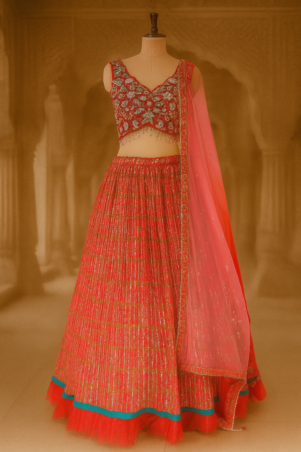 Red Georgette Crop Top Lehenga