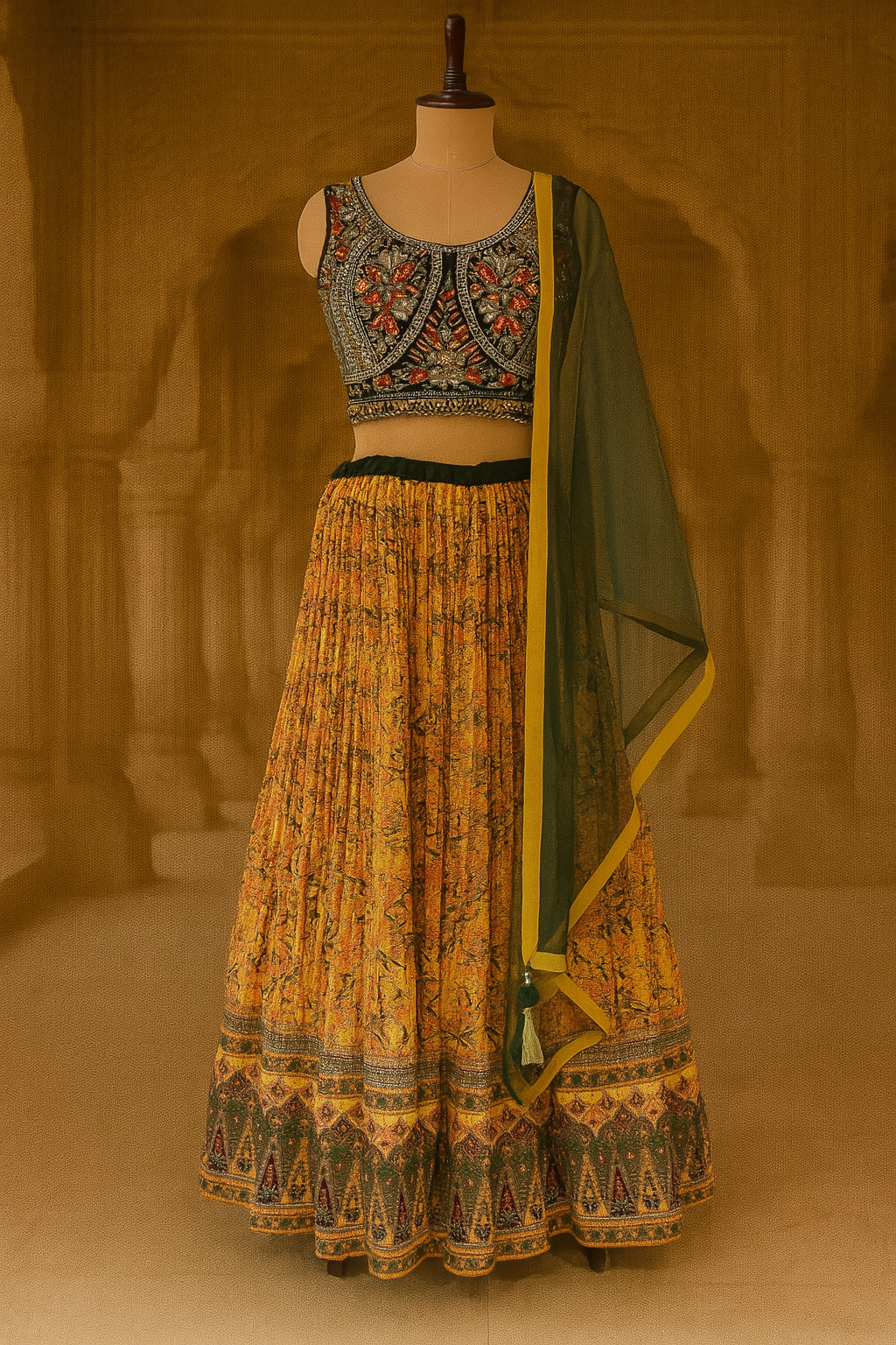 Green & Yellow Georgette Crop Top Lehenga Set