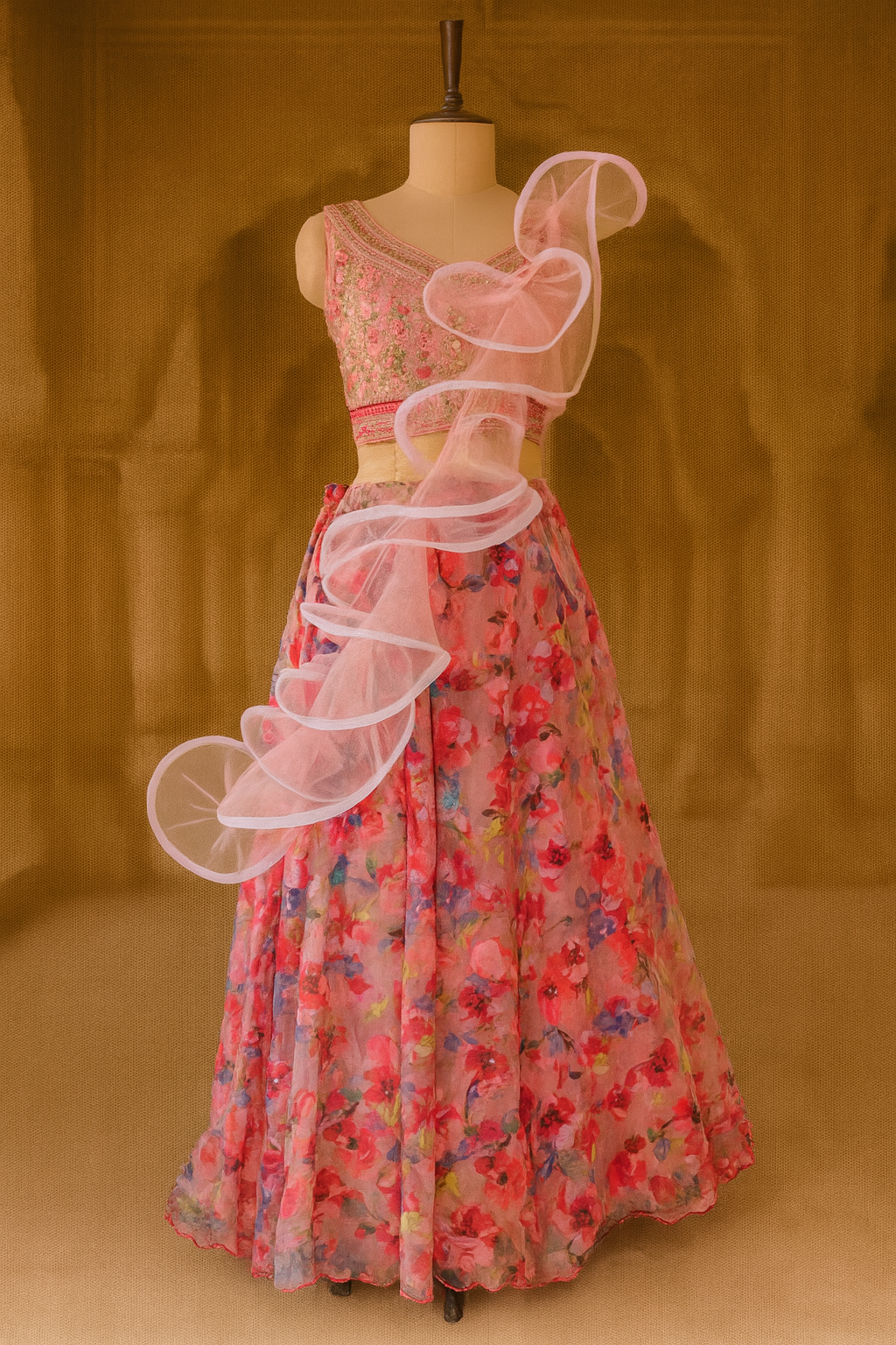 Peach Multicolor Crop Top Lehenga Set