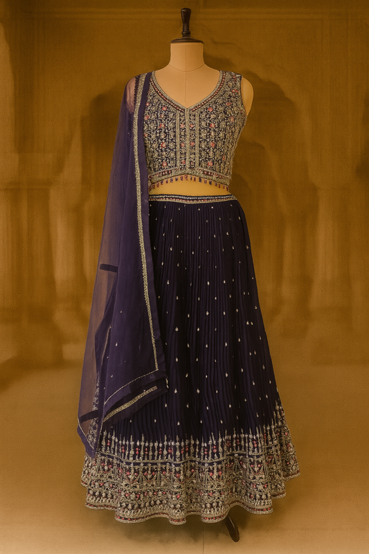 Deep Purple Georgette Crop Top Lehenga