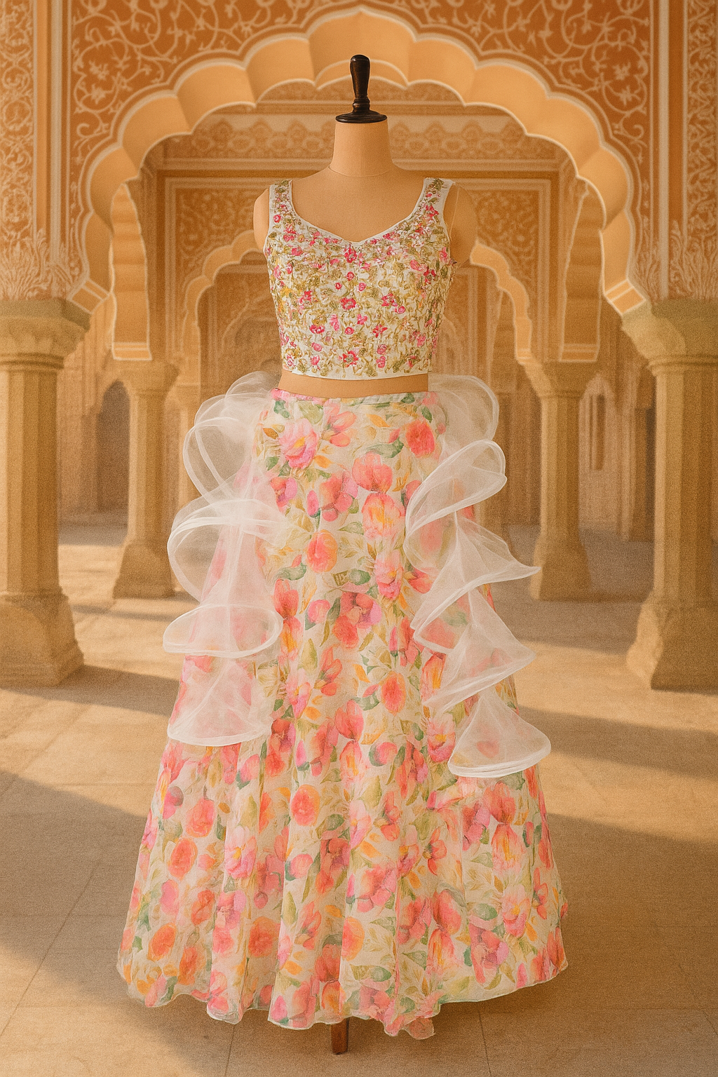 Elegant White Crop Top Lehenga in Organza & Raw Silk