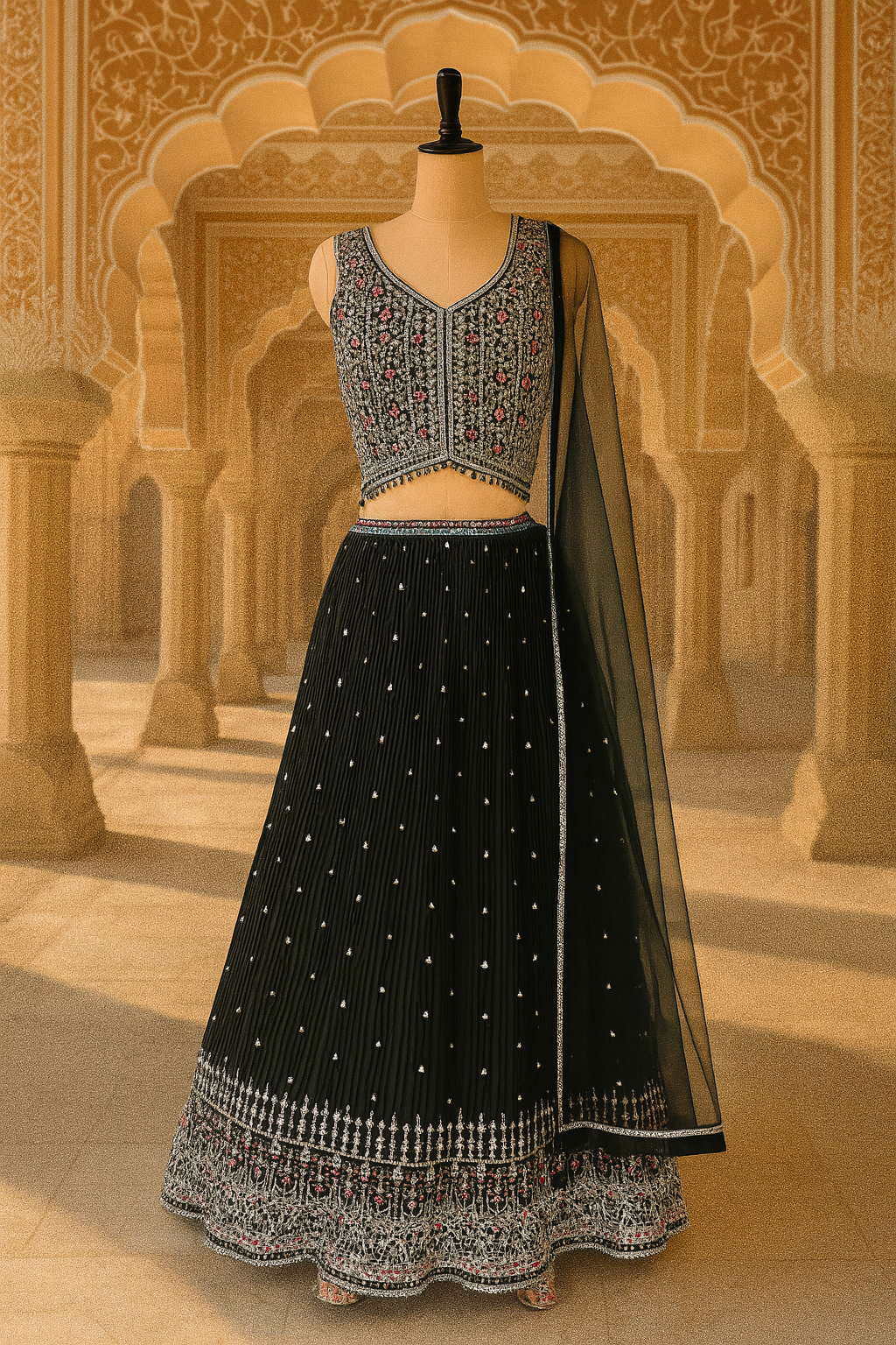 Deep Green Georgette Crop Top Lehenga