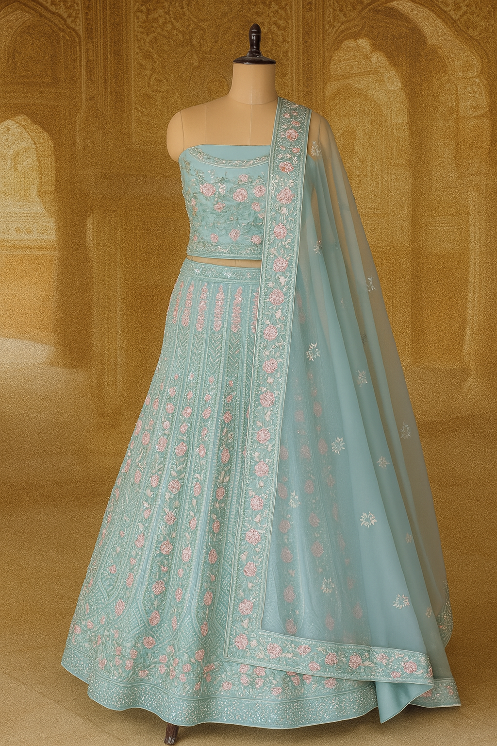 Light Blue Net Crop Top Lehenga