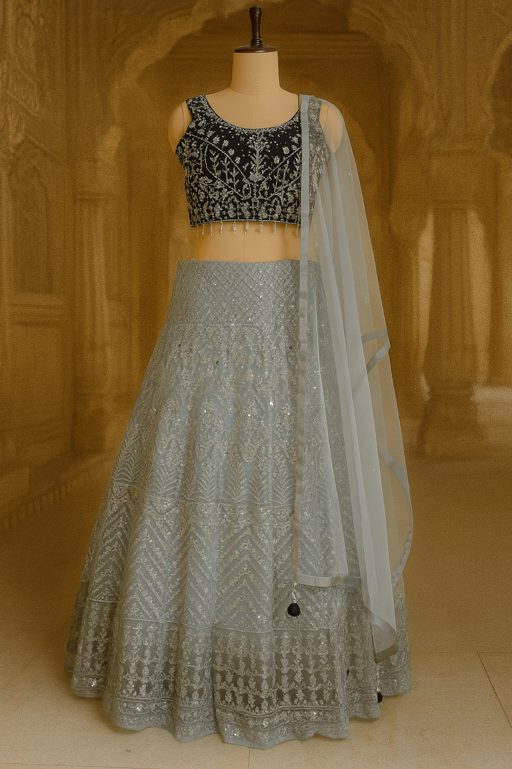 Elegant Black & Grey Embroidered Crop Top Lehenga