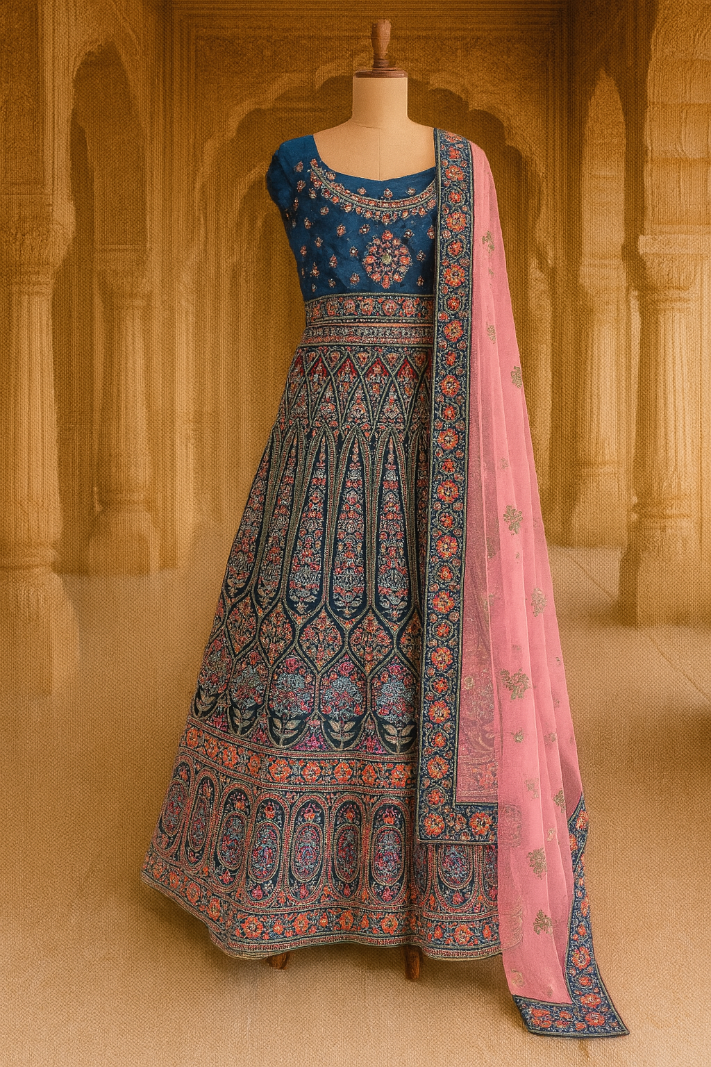 Velvet Bridal Lehenga with Mirror & Zari Work