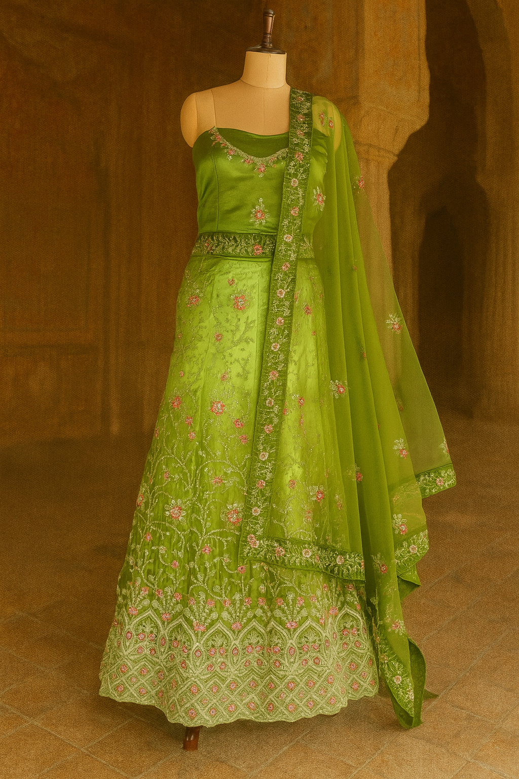 Emerald Elegance Bridal Lehenga in Net