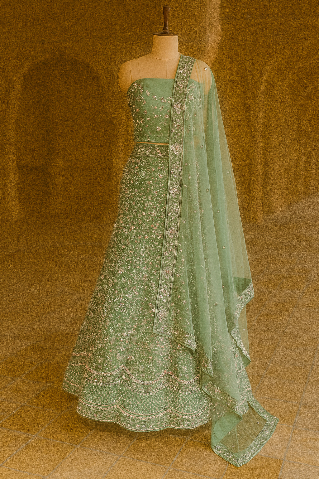 Green Embroidered Bridal Lehenga