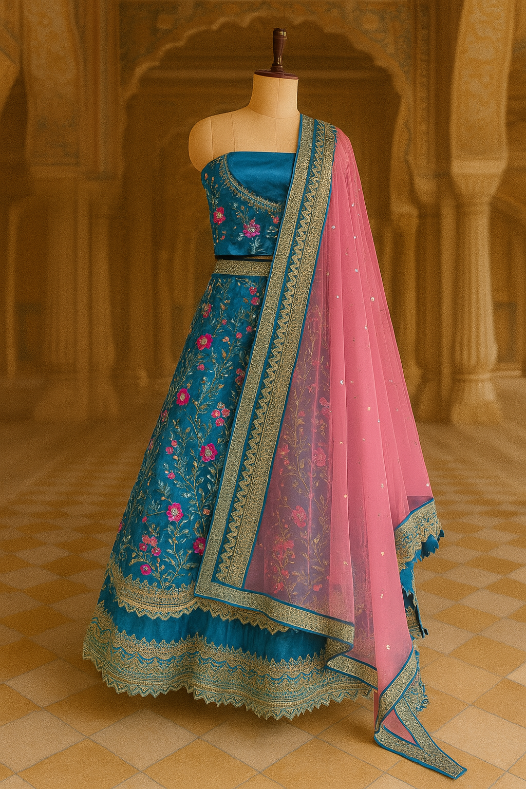 Teal Blue Velvet Bridal Lehenga