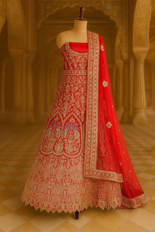 Tomato Red Raw Silk Bridal Lehenga