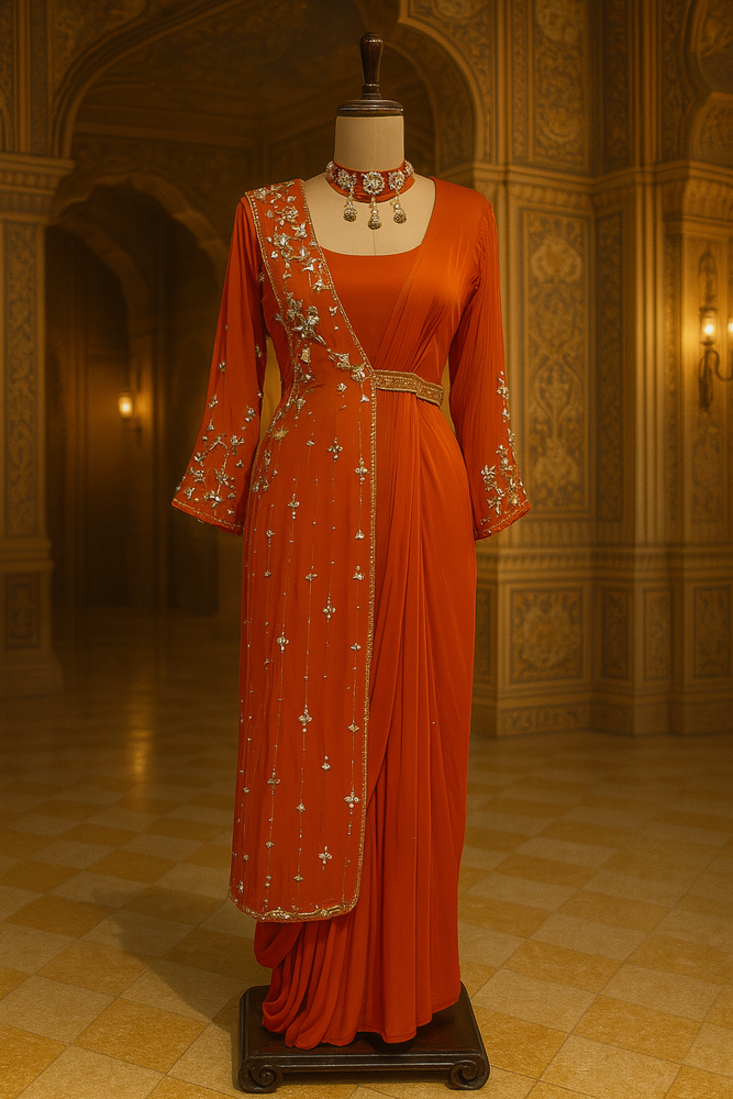 Rust Orange Georgette Crop Top with Saree & Shrug