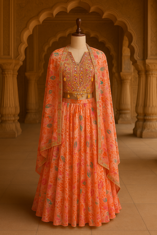 Peach Chiffon Crop Top Lehenga
