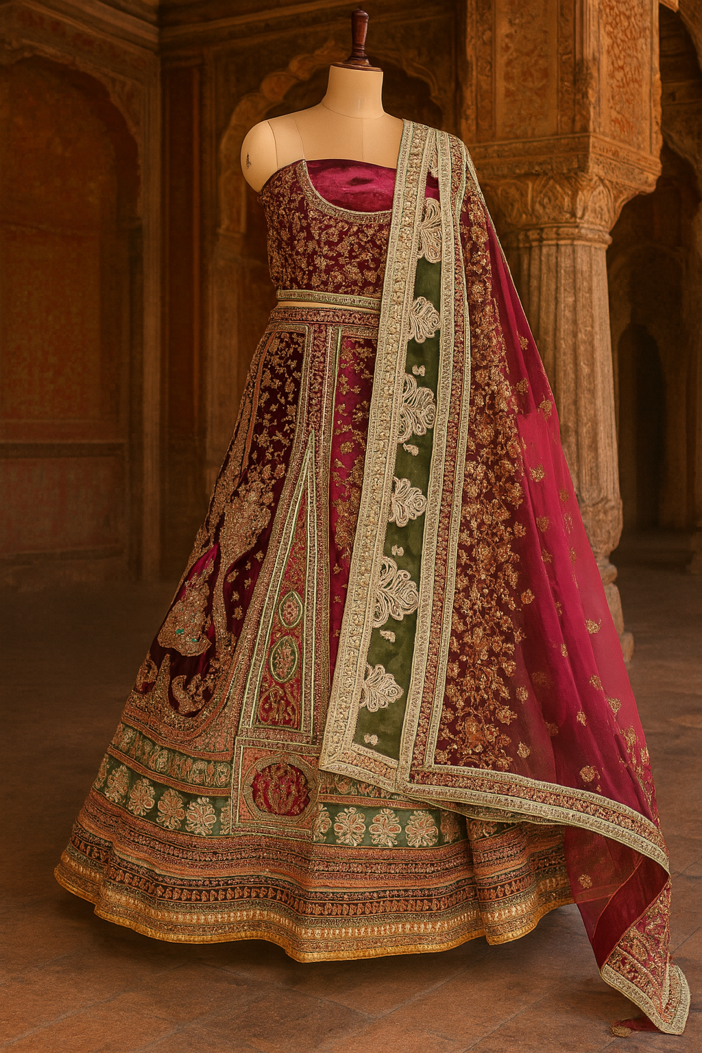 Regal Maroon Velvet Lehenga