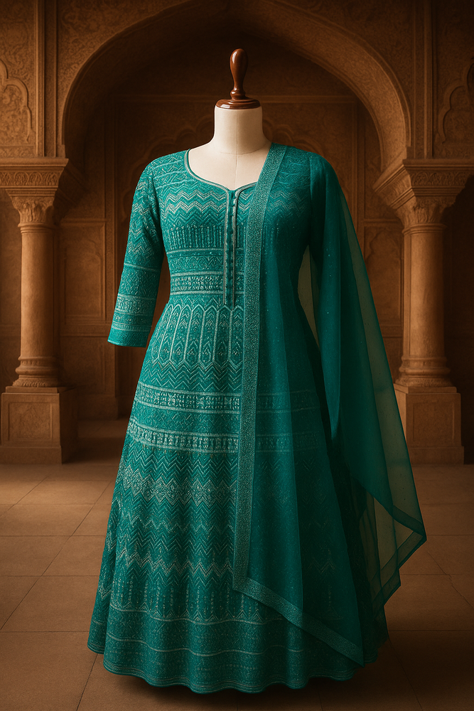 Teal Net Floor-Length Frock with Dupatta