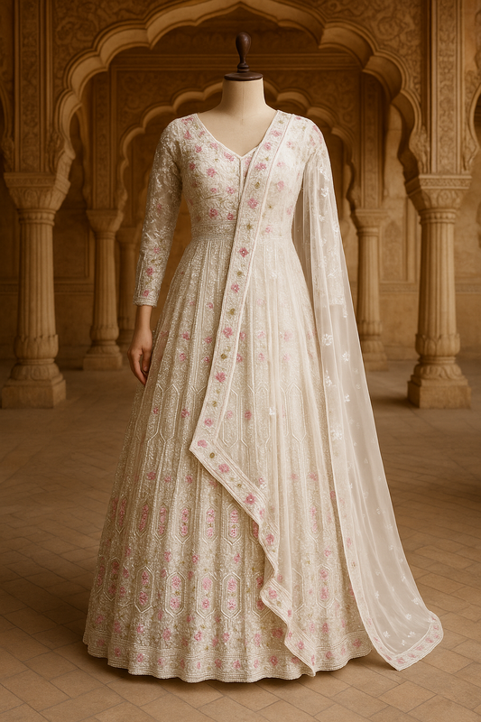Off White Net Floor-Length Frock with Dupatta