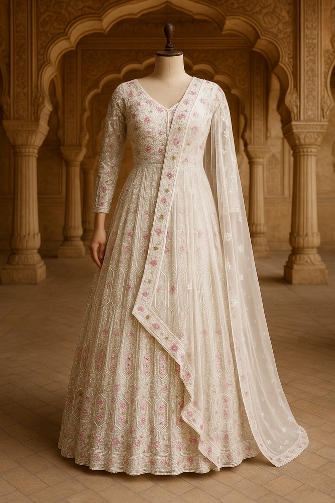 Off White Net Floor-Length Frock with Dupatta