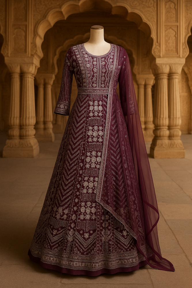Wine Georgette Floor-Length Frock with Dupatta