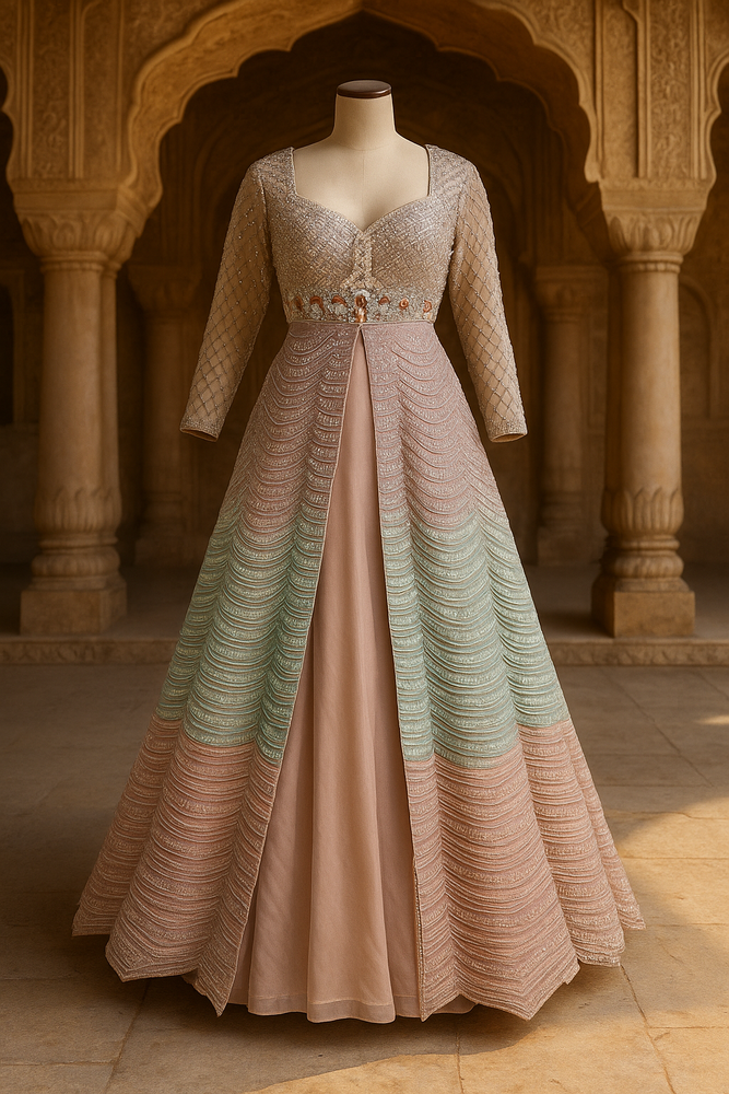 Multi-Color Net Lehenga with Shrug