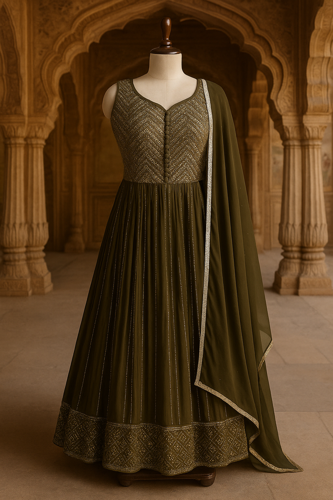Olive Green Georgette Floor-Length Frock with Dupatta