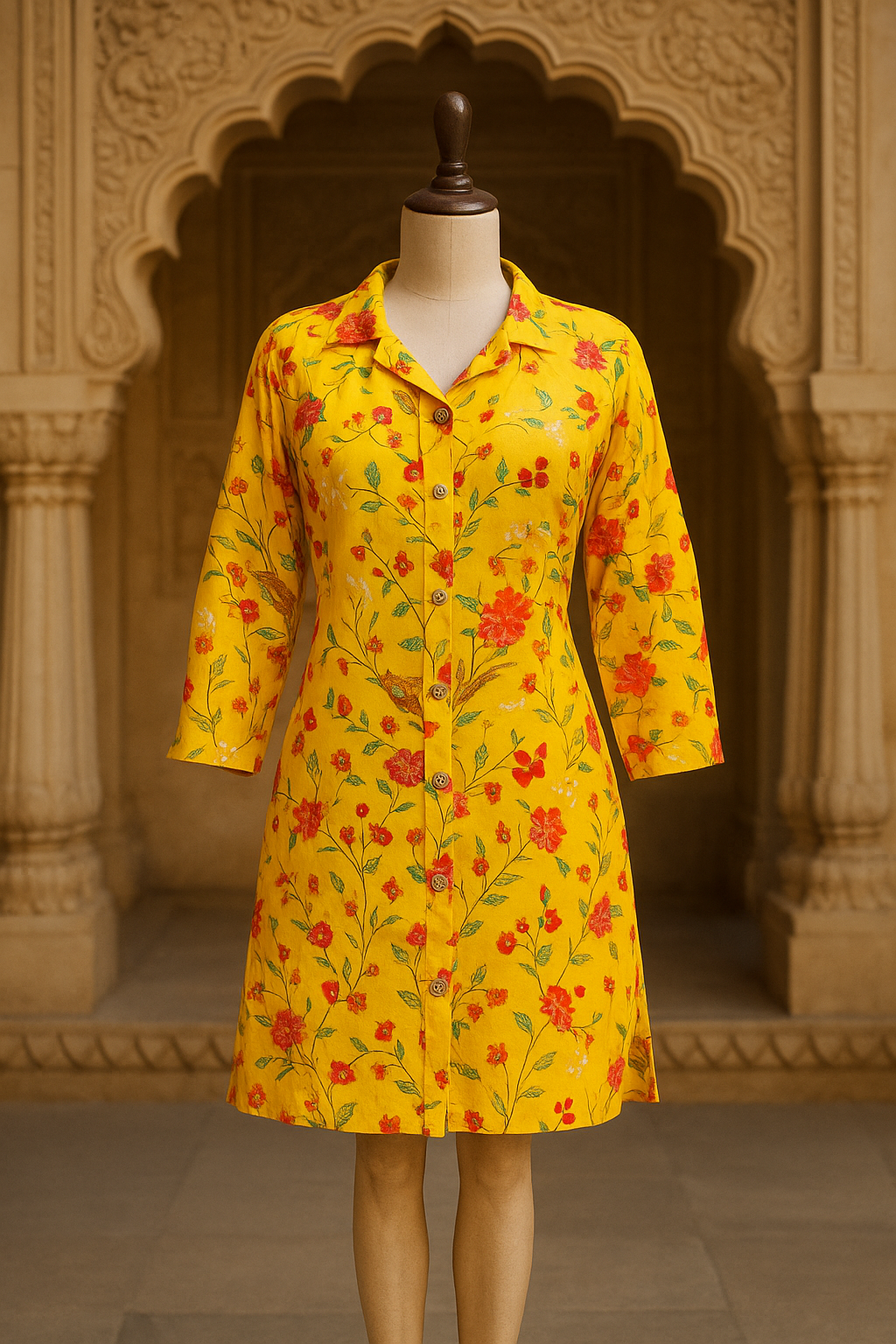 Yellow Printed Midi Dress