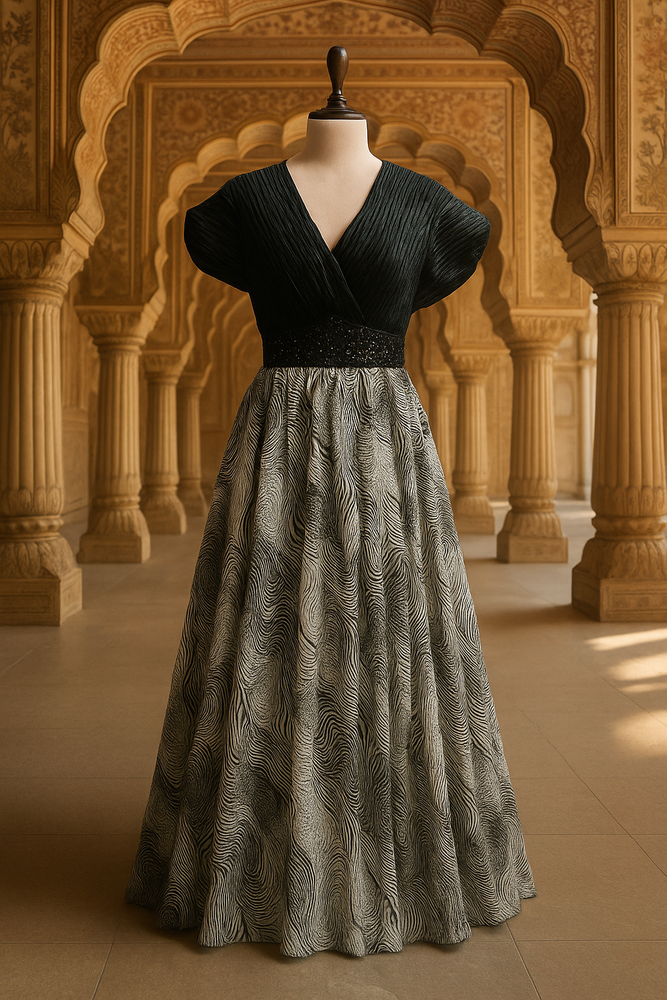 Black & White Georgette Floor-Length Frock with Dupatta