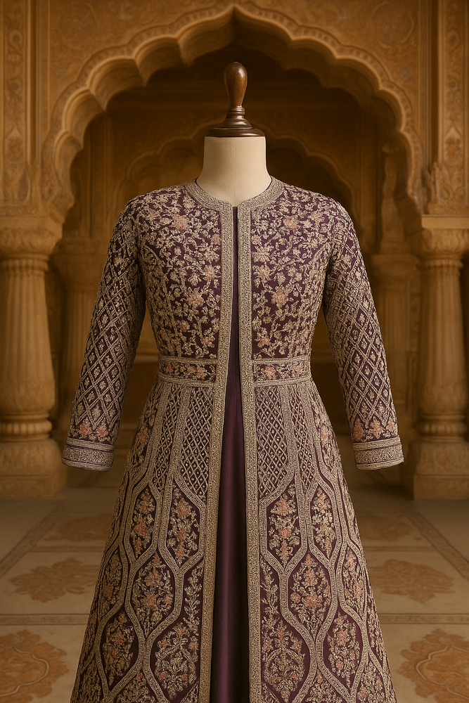 Wine Net Lehenga with Shrug