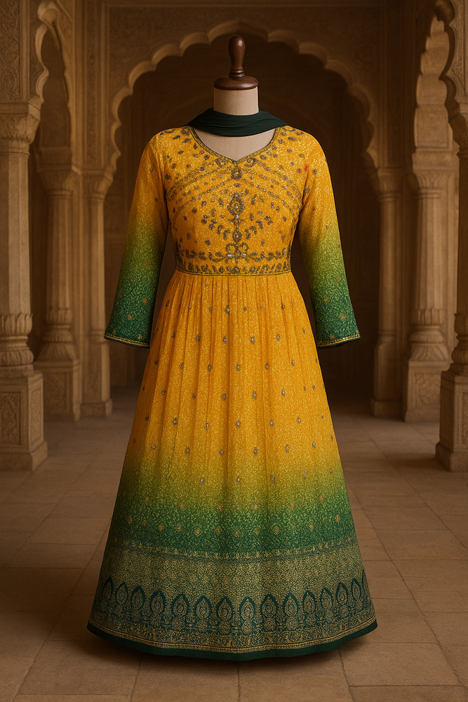 Yellow & Green Georgette Floor Length Frock with Dupatta